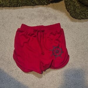 Red Kids Athletic Drawstring Shorts with Nautical Wheel Accent